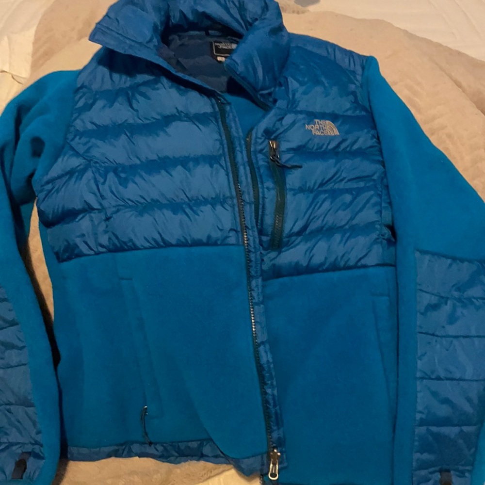 Blue north face puffer fleece jacket